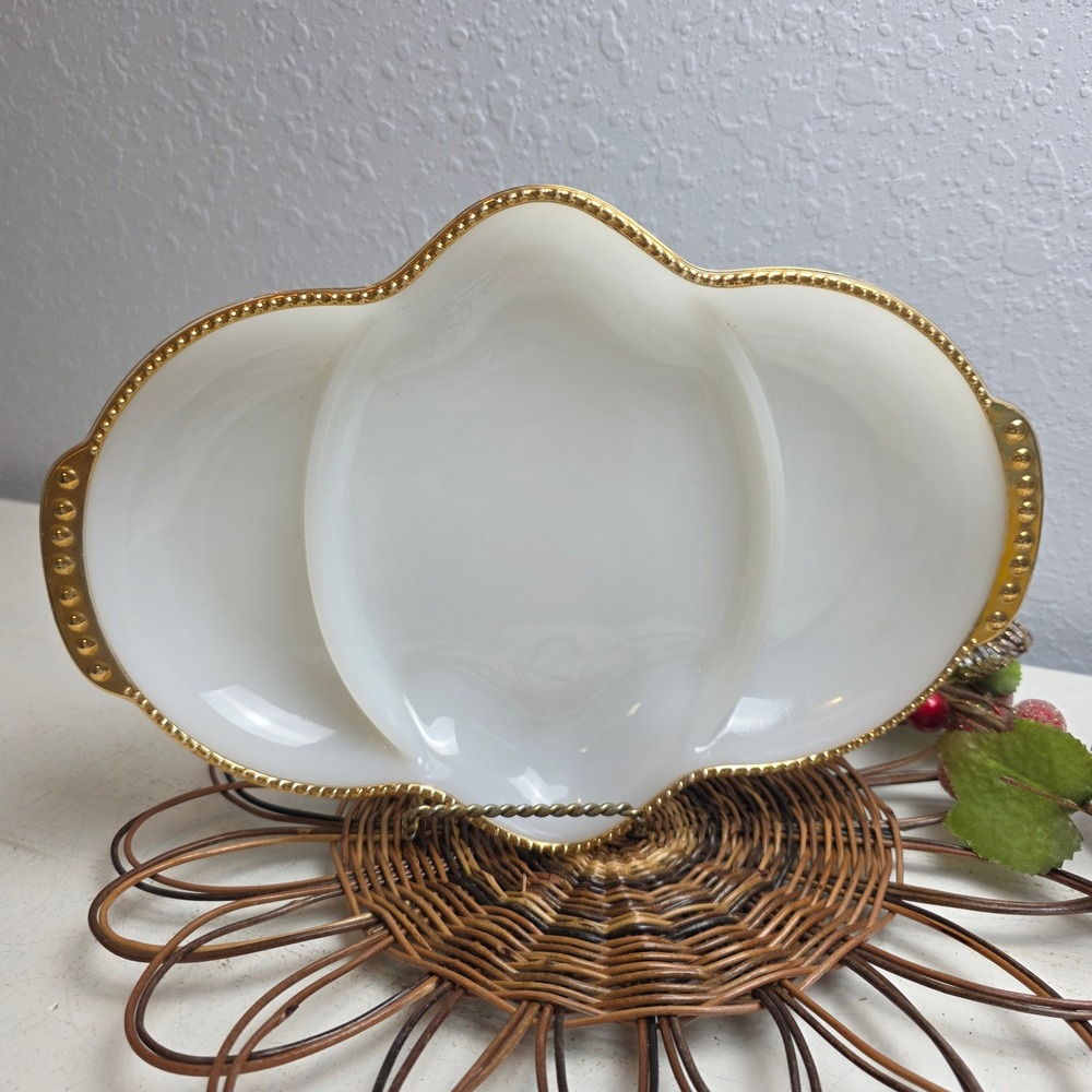 50s Anchor Hocking Fire King White Milk‎ Glass Divided Platter Gold Hobknob Edge